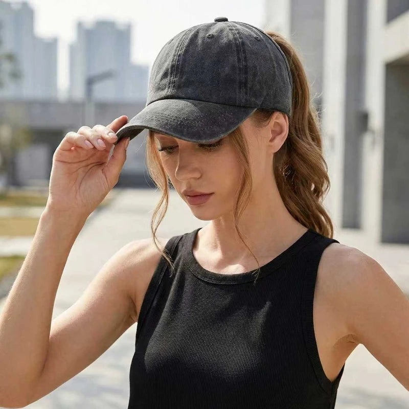 Retro Washed Backless Baseball Cap for Women, Outdoor Sports Ponytails,Stylish Cap