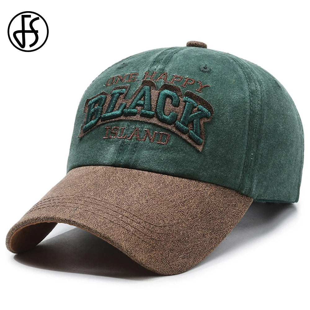 FS Vintage Green Brown Letter Baseball Cap For Men Washed Cotton Trucker Hat