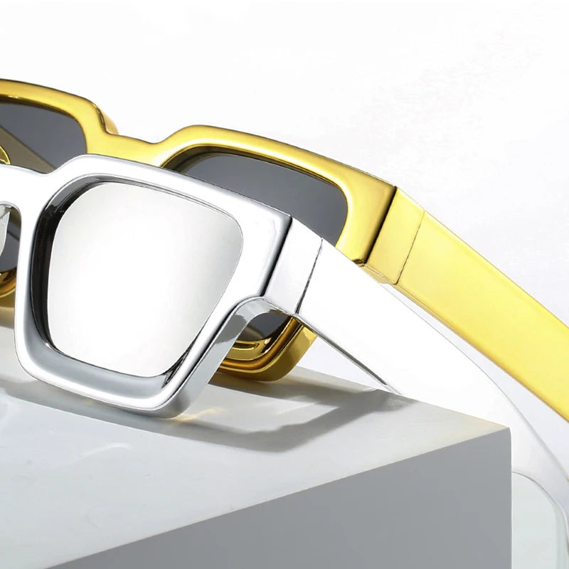 Luxury Brand Design Square Sunglasses Women For Men Vintage Big Frame Punk Hip Hop Shining Gold Silver Mirror Sun Glasses UV400
