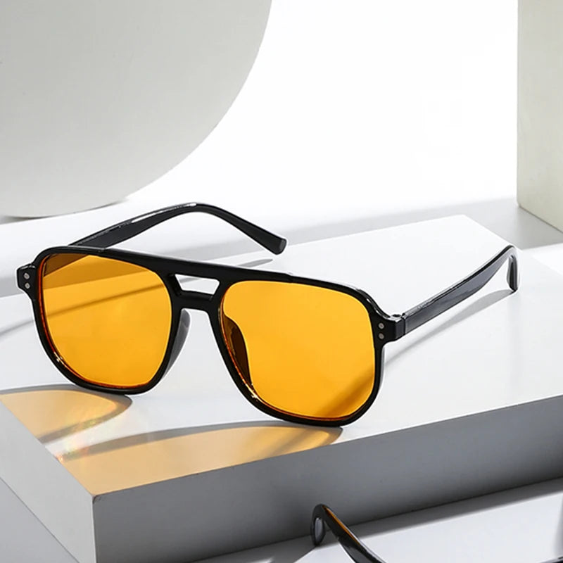 Retro Double Bridge Sunglasses with Amber Lenses – Black Frame, UV400 Protection, Unisex Vintage Style Eyewear for Daily Wear &