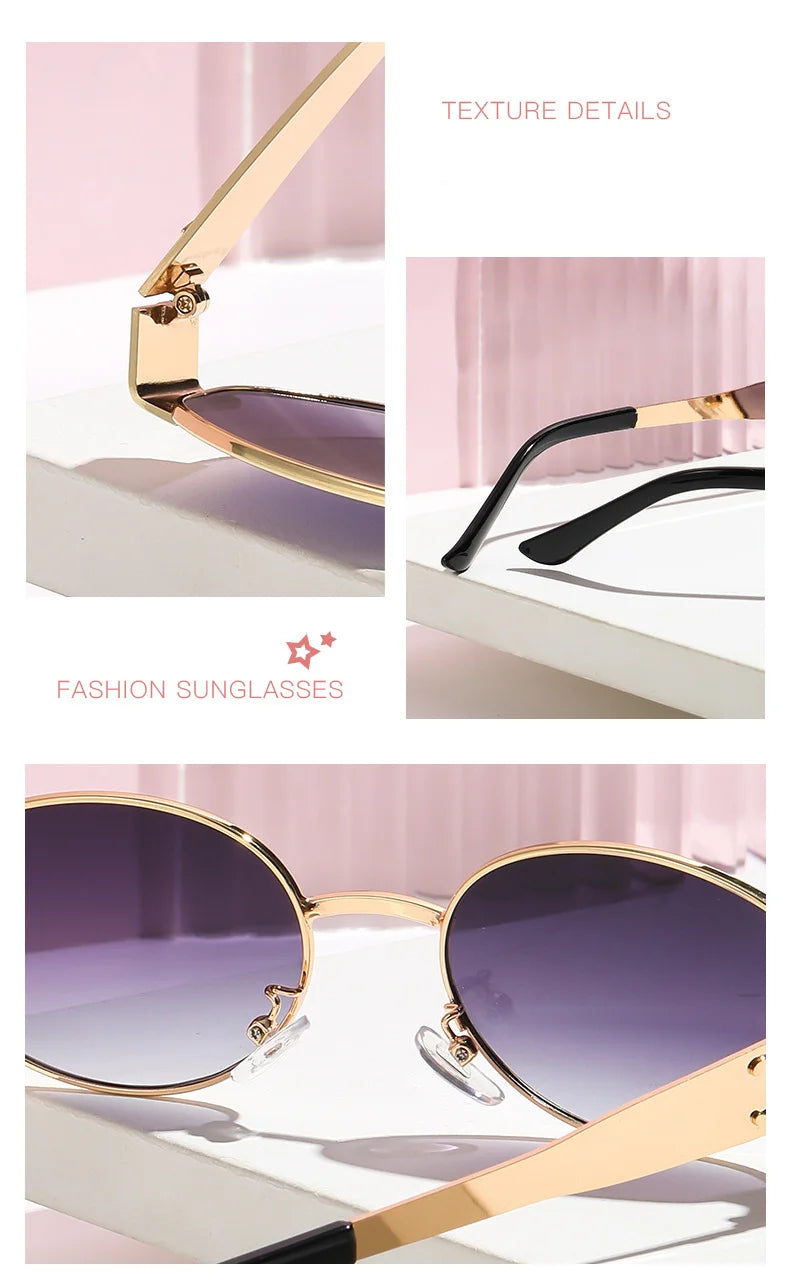 Luxury Designer Brand Sunglasses for Women and Men Oval Metal Frame Unisex Glasses Stylish Glamour Eyewear Retro Gold-Edged Oval