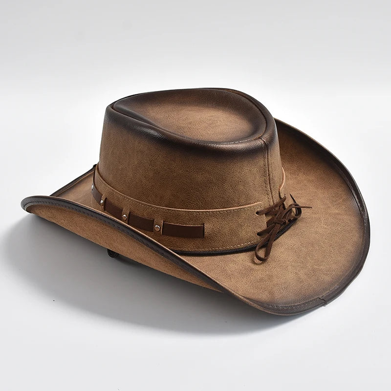New 100% Leather Western Cowboy Hat Men Wide Brim Gentleman Church Cap