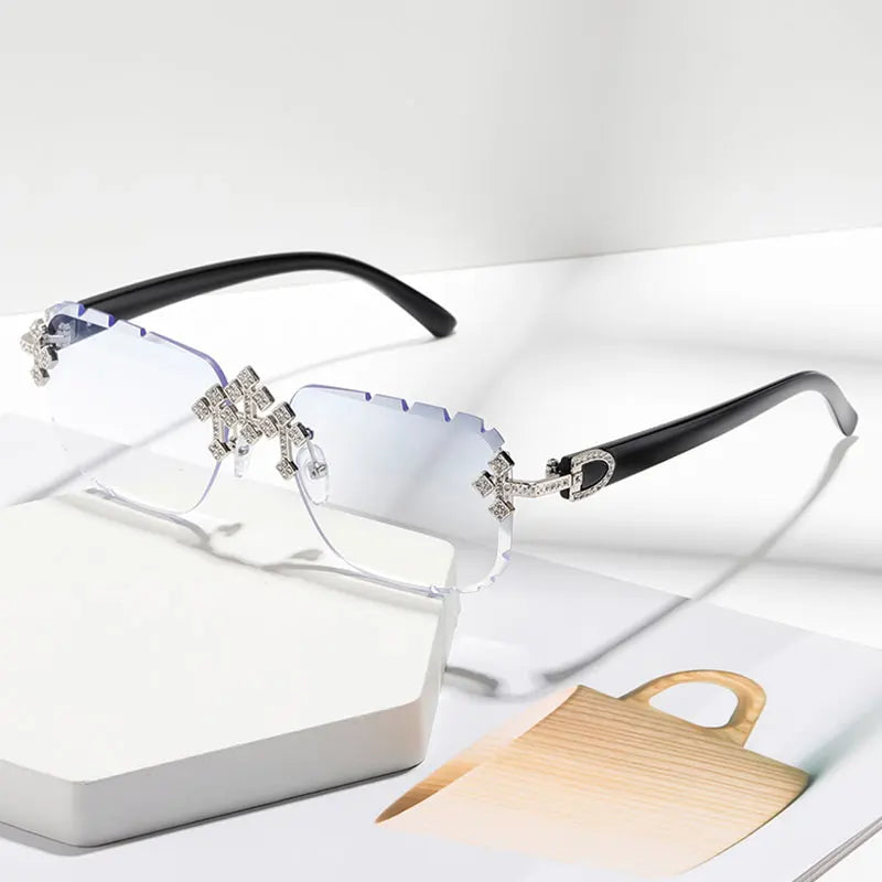 New Frameless Fashion Glasses for Men and Women, High-Definition Lenses with Textured Rhinestone Inlays, Trendy Frame Design, Suitable for Daily Casual Wear, Perfect Gift Choice