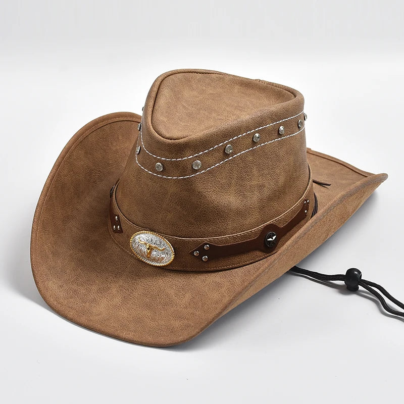 New 100% Leather Western Cowboy Hat Men Wide Brim Gentleman Church Cap