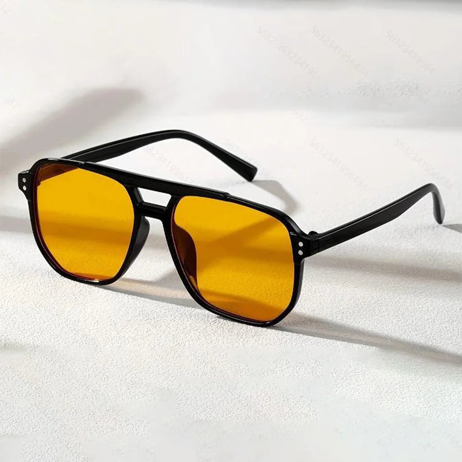 Retro Double Bridge Sunglasses with Amber Lenses – Black Frame, UV400 Protection, Unisex Vintage Style Eyewear for Daily Wear &