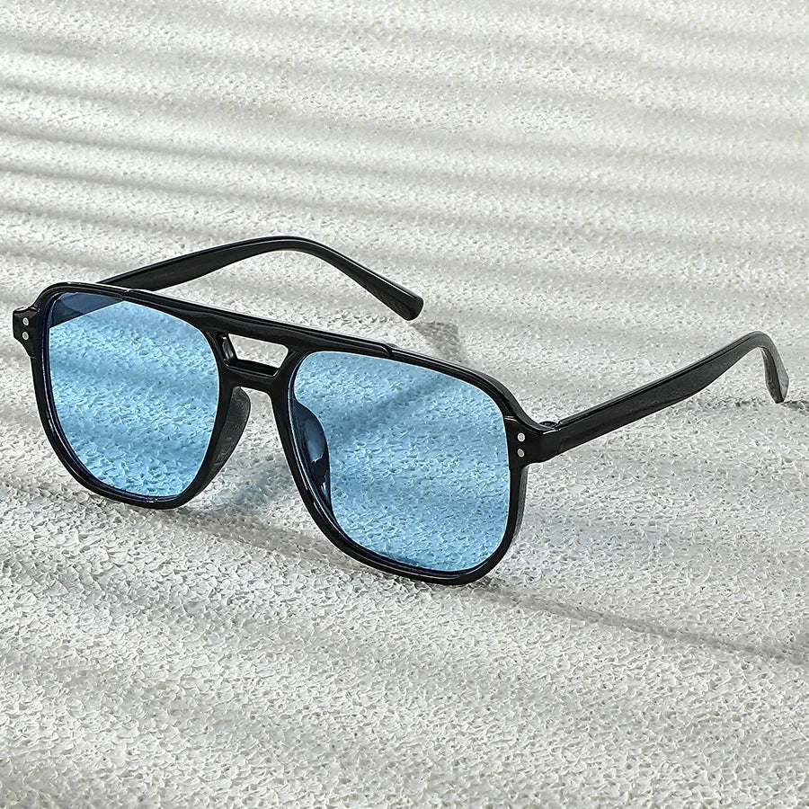 Retro Double Bridge Sunglasses with Amber Lenses – Black Frame, UV400 Protection, Unisex Vintage Style Eyewear for Daily Wear &