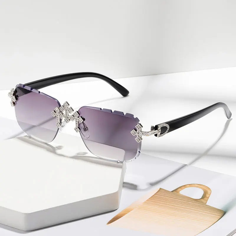 New Frameless Fashion Glasses for Men and Women, High-Definition Lenses with Textured Rhinestone Inlays, Trendy Frame Design, Suitable for Daily Casual Wear, Perfect Gift Choice