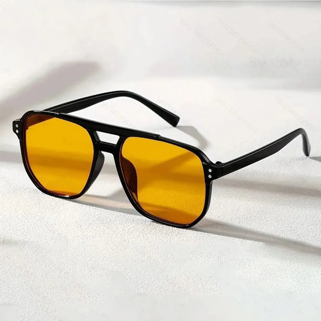 Retro Double Bridge Sunglasses with Amber Lenses – Black Frame, UV400 Protection, Unisex Vintage Style Eyewear for Daily Wear &