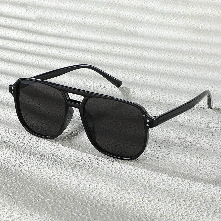 Retro Double Bridge Sunglasses with Amber Lenses – Black Frame, UV400 Protection, Unisex Vintage Style Eyewear for Daily Wear &